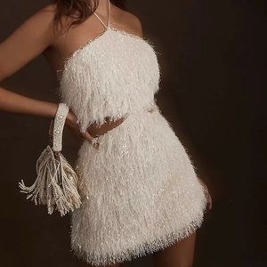 Anthropologie LEIN x BHLDN White/Ivory Solid Mini Fringe Dress Size 8